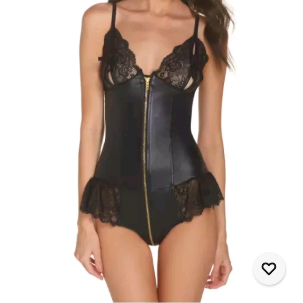 Black Lace-Trim Zip-Front Chemise Bodysuit